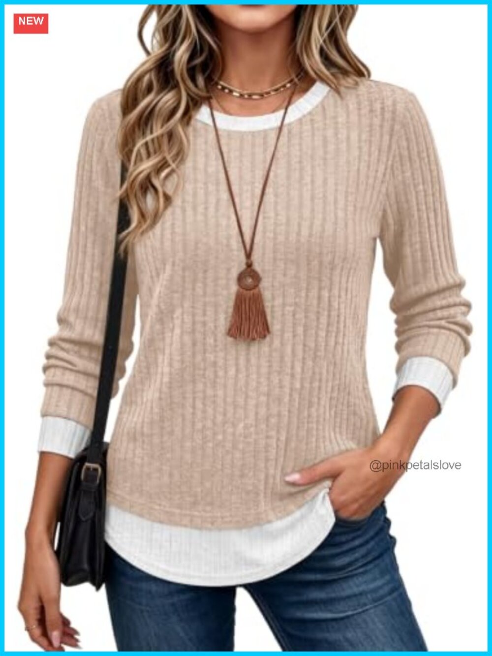 Faux Layered Long Sleeve Tunic Top Lightweight Knit Women's Fall Shirt